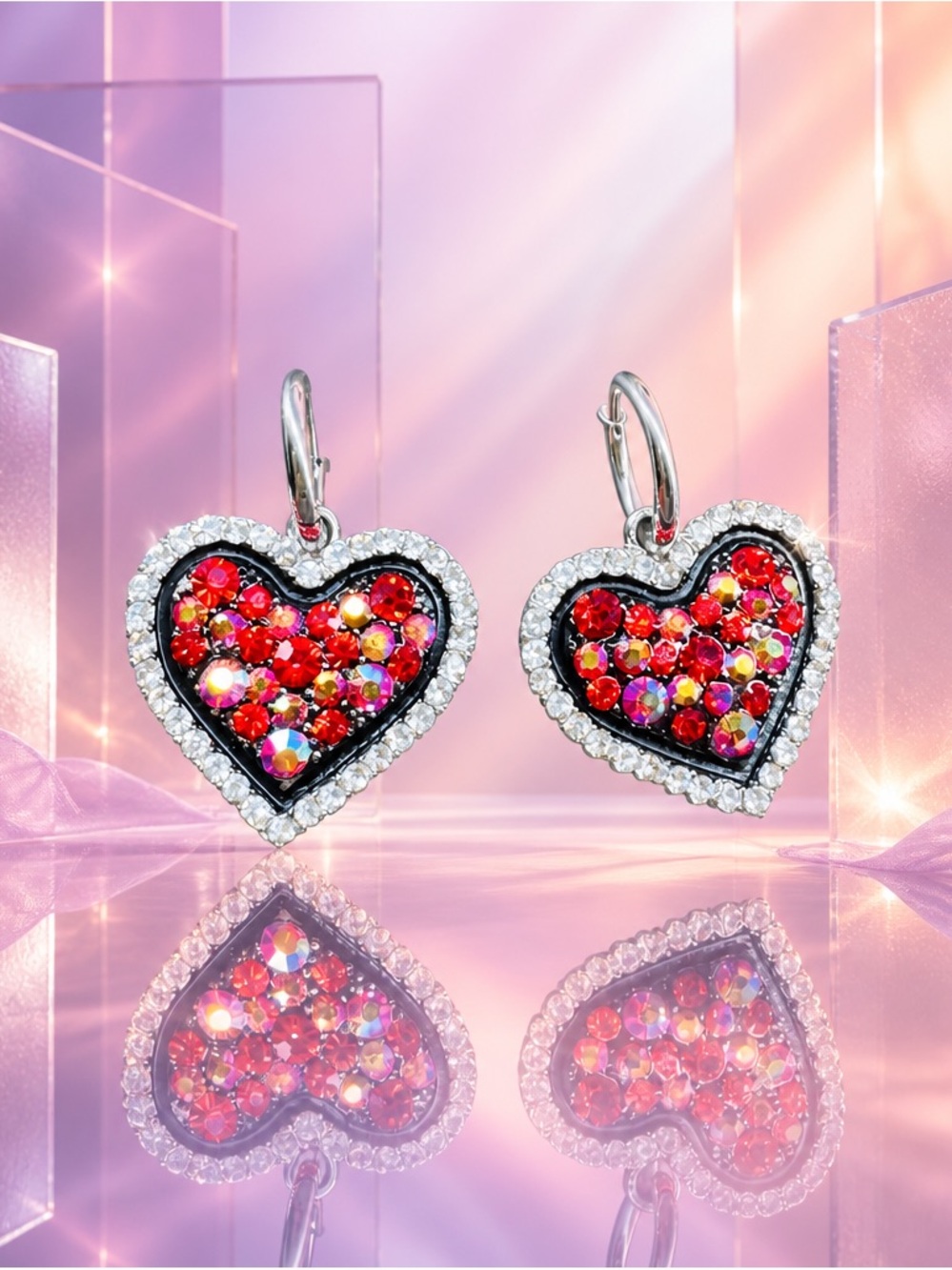 Zircon Heart Hoop Earrings in Red - Elegant Sparkle - Picture 6 of 6